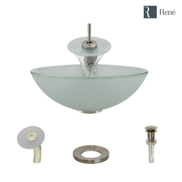 Rene 17" Round Glass Bathroom Sink, Frosted, with Faucet, R5-5002-WF-BN