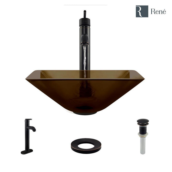 Rene 17" Square Glass Bathroom Sink, Cashmere, with Faucet, R5-5003-CAS-R9-7001-ABR