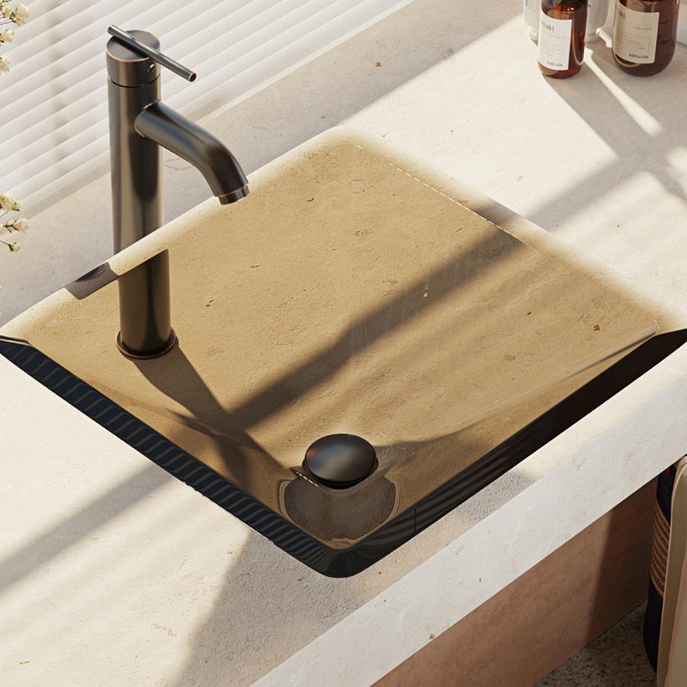 Rene 17" Square Glass Bathroom Sink, Cashmere, with Faucet, R5-5003-CAS-R9-7001-ABR - The Sink Boutique