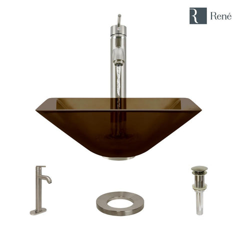 Rene 17" Square Glass Bathroom Sink, Cashmere, with Faucet, R5-5003-CAS-R9-7001-BN