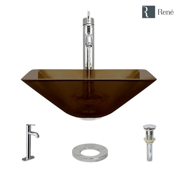 Rene 17" Square Glass Bathroom Sink, Cashmere, with Faucet, R5-5003-CAS-R9-7001-C