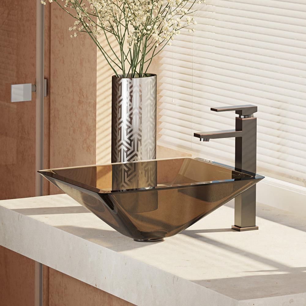 Rene 17" Square Glass Bathroom Sink, Cashmere, with Faucet, R5-5003-CAS-R9-7003-ABR - The Sink Boutique