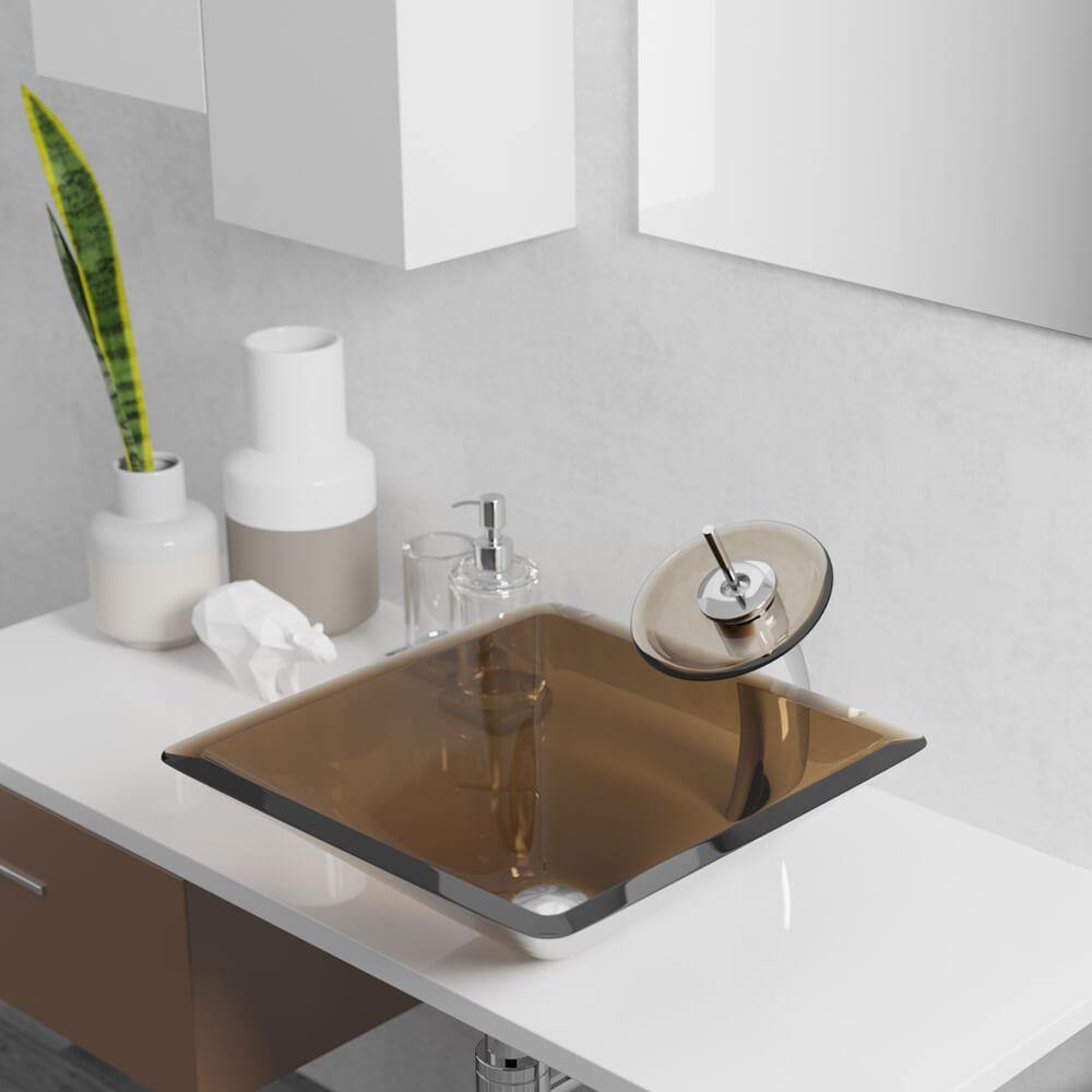 Rene 17" Square Glass Bathroom Sink, Cashmere, with Faucet, R5-5003-CAS-R9-7003-ABR - The Sink Boutique