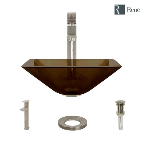 Rene 17" Square Glass Bathroom Sink, Cashmere, with Faucet, R5-5003-CAS-R9-7003-BN