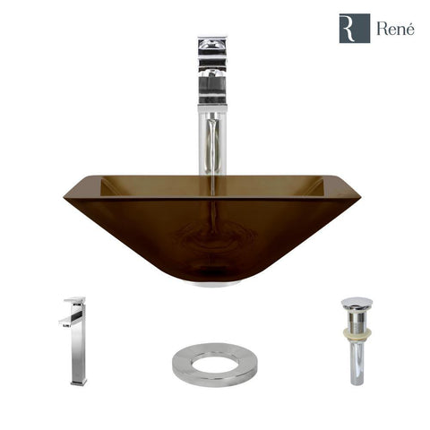Rene 17" Square Glass Bathroom Sink, Cashmere, with Faucet, R5-5003-CAS-R9-7003-C