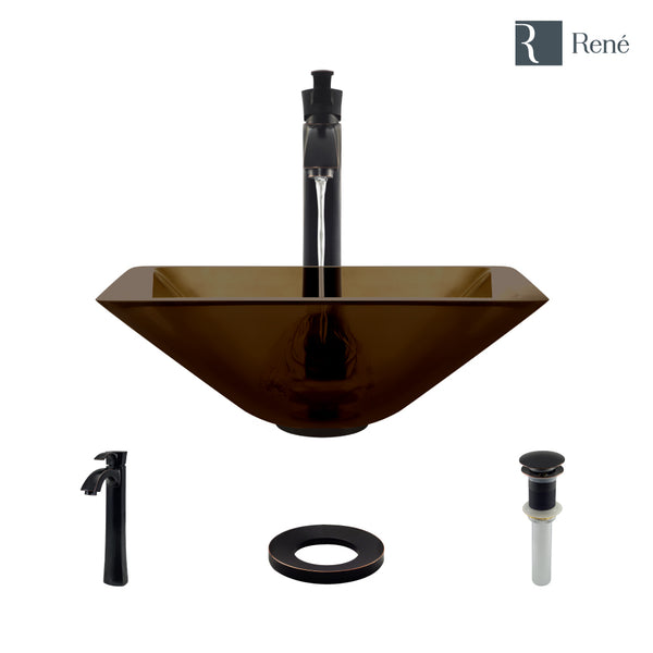 Rene 17" Square Glass Bathroom Sink, Cashmere, with Faucet, R5-5003-CAS-R9-7006-ABR