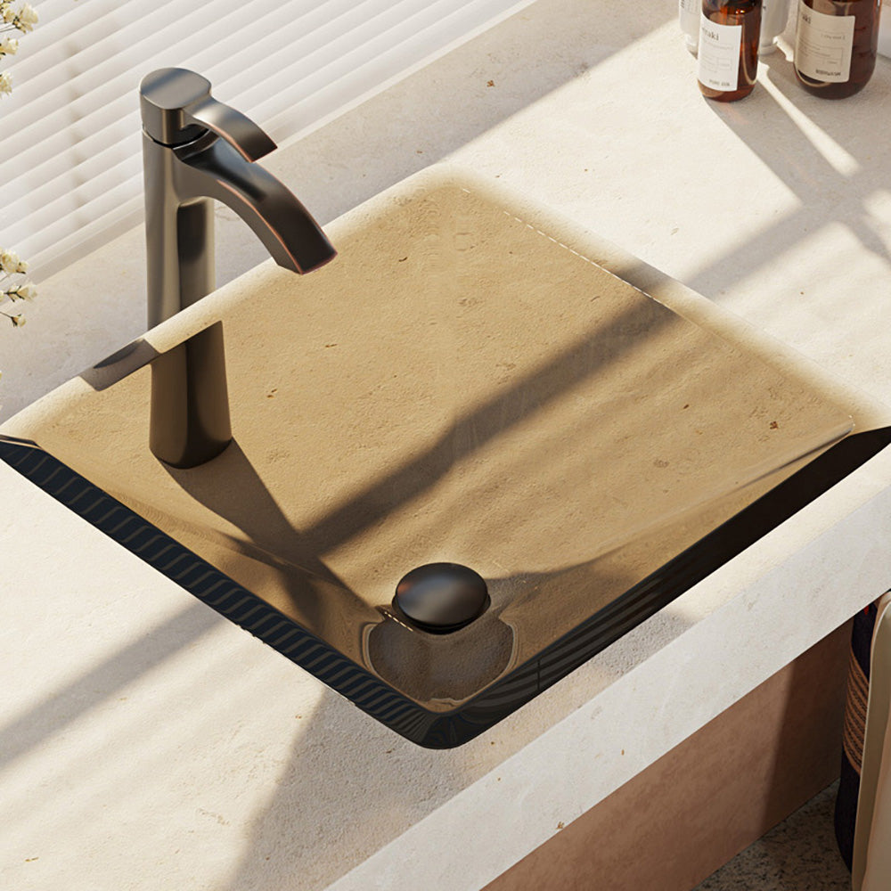 Rene 17" Square Glass Bathroom Sink, Cashmere, with Faucet, R5-5003-CAS-R9-7006-ABR - The Sink Boutique