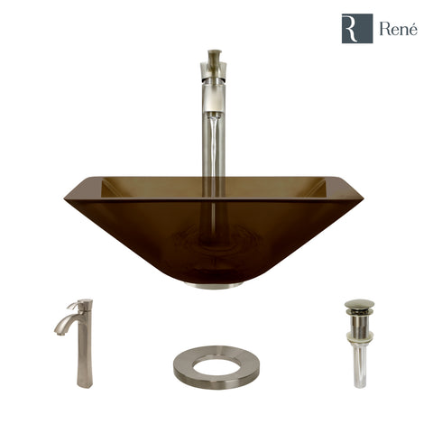 Rene 17" Square Glass Bathroom Sink, Cashmere, with Faucet, R5-5003-CAS-R9-7006-BN