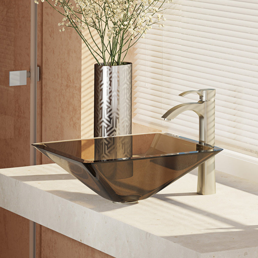 Rene 17" Square Glass Bathroom Sink, Cashmere, with Faucet, R5-5003-CAS-R9-7006-BN - The Sink Boutique