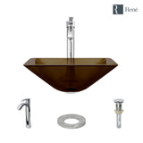 Rene 17" Square Glass Bathroom Sink, Cashmere, with Faucet, R5-5003-CAS-R9-7006-C