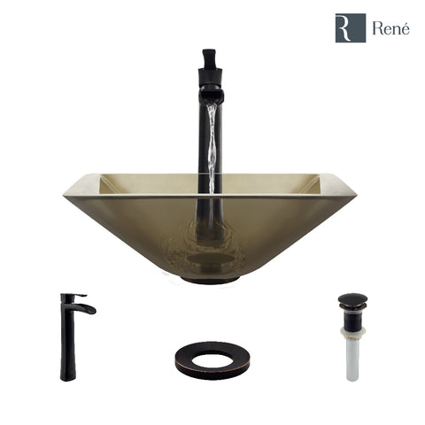 Rene 17" Square Glass Bathroom Sink, Cashmere, with Faucet, R5-5003-CAS-R9-7007-ABR