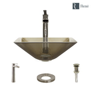 Alternate Image for Rene 17" Square Glass Bathroom Sink, Cashmere, with Faucet, R5-5003-CAS-R9-7007-BN
