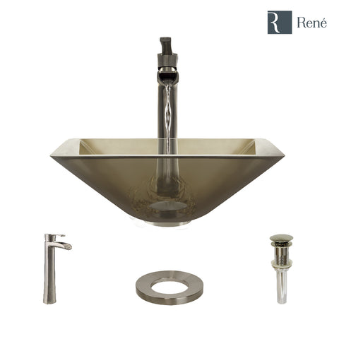Rene 17" Square Glass Bathroom Sink, Cashmere, with Faucet, R5-5003-CAS-R9-7007-BN