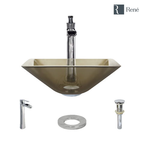 Rene 17" Square Glass Bathroom Sink, Cashmere, with Faucet, R5-5003-CAS-R9-7007-C