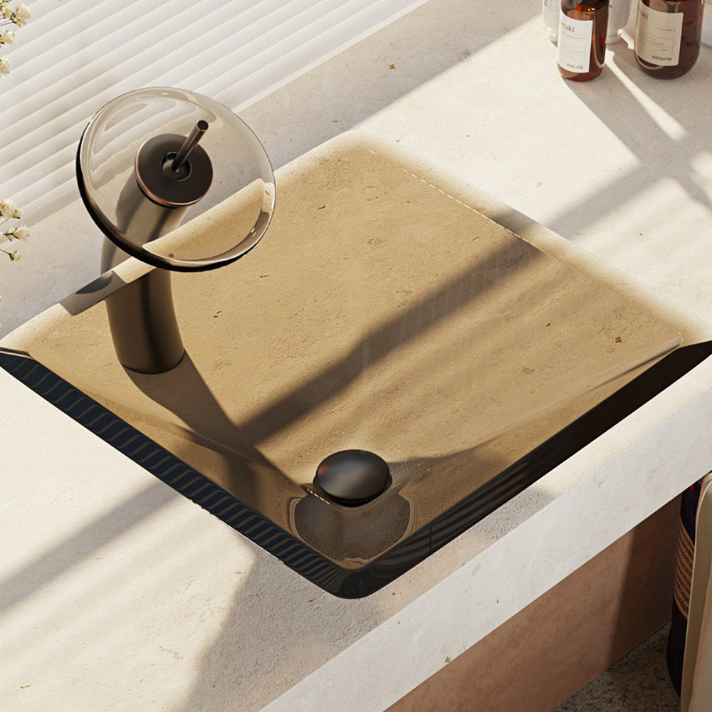 Rene 17" Square Glass Bathroom Sink, Cashmere, with Faucet, R5-5003-CAS-WF-ABR - The Sink Boutique