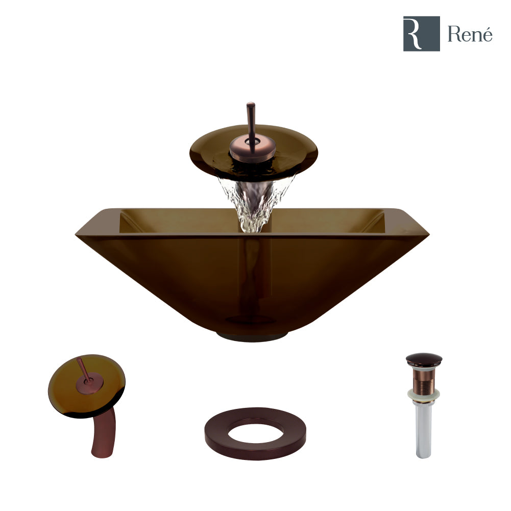 Rene 17" Square Glass Bathroom Sink, Cashmere, with Faucet, R5-5003-CAS-WF-ORB