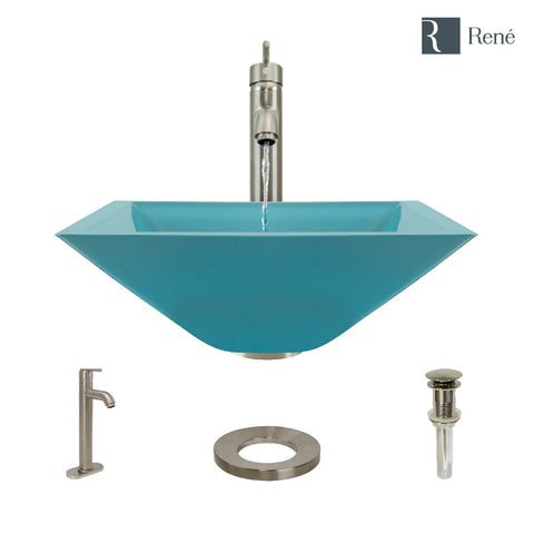 Rene 17" Square Glass Bathroom Sink, Cerulean, with Faucet, R5-5003-CER-R9-7001-BN
