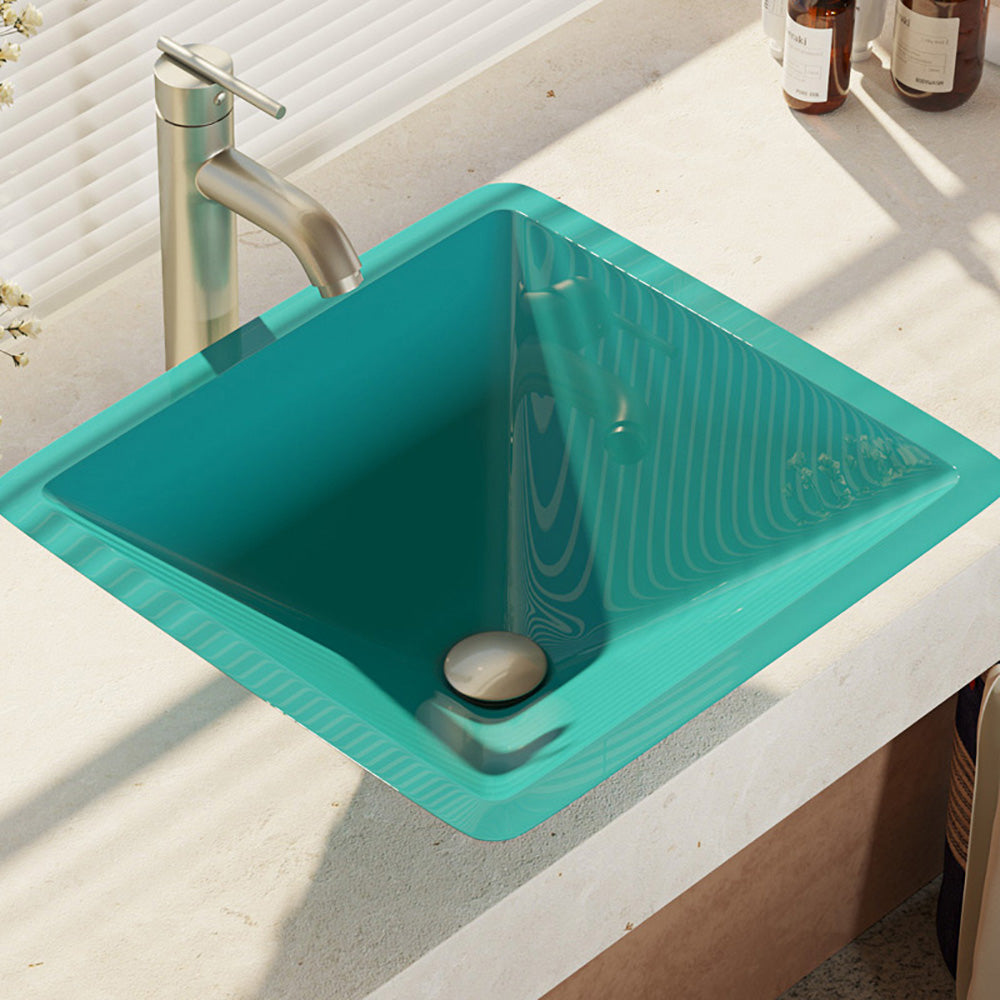 Rene 17" Square Glass Bathroom Sink, Cerulean, with Faucet, R5-5003-CER-R9-7001-BN - The Sink Boutique