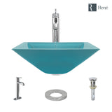 Rene 17" Square Glass Bathroom Sink, Cerulean, with Faucet, R5-5003-CER-R9-7001-C