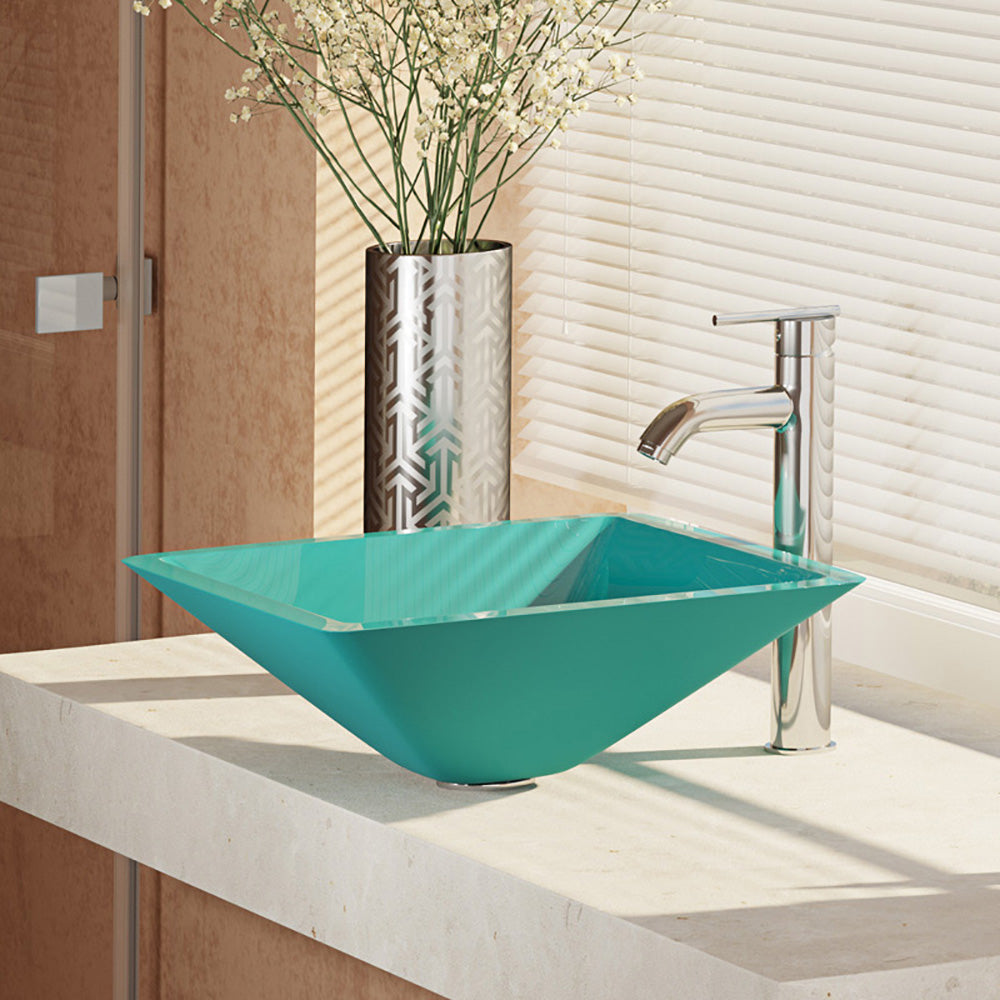 Rene 17" Square Glass Bathroom Sink, Cerulean, with Faucet, R5-5003-CER-R9-7001-C - The Sink Boutique