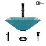 Rene 17" Square Glass Bathroom Sink, Cerulean, with Faucet, R5-5003-CER-R9-7003-ABR
