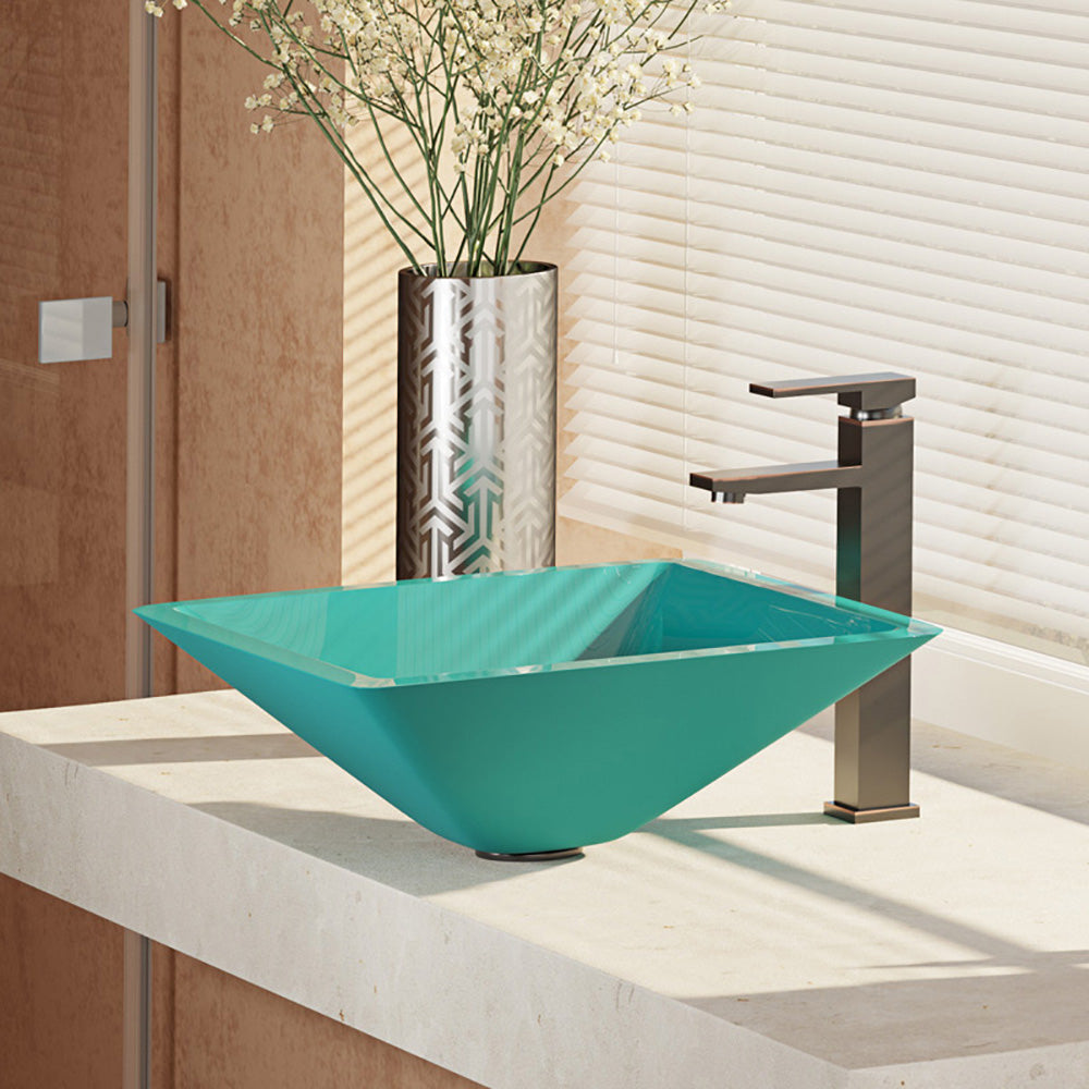 Rene 17" Square Glass Bathroom Sink, Cerulean, with Faucet, R5-5003-CER-R9-7003-ABR - The Sink Boutique