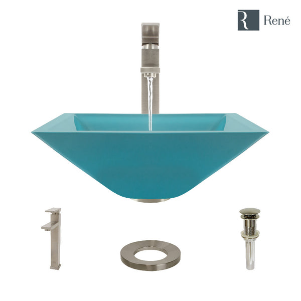 Rene 17" Square Glass Bathroom Sink, Cerulean, with Faucet, R5-5003-CER-R9-7003-BN