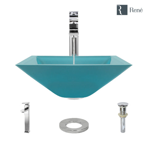 Rene 17" Square Glass Bathroom Sink, Cerulean, with Faucet, R5-5003-CER-R9-7003-C