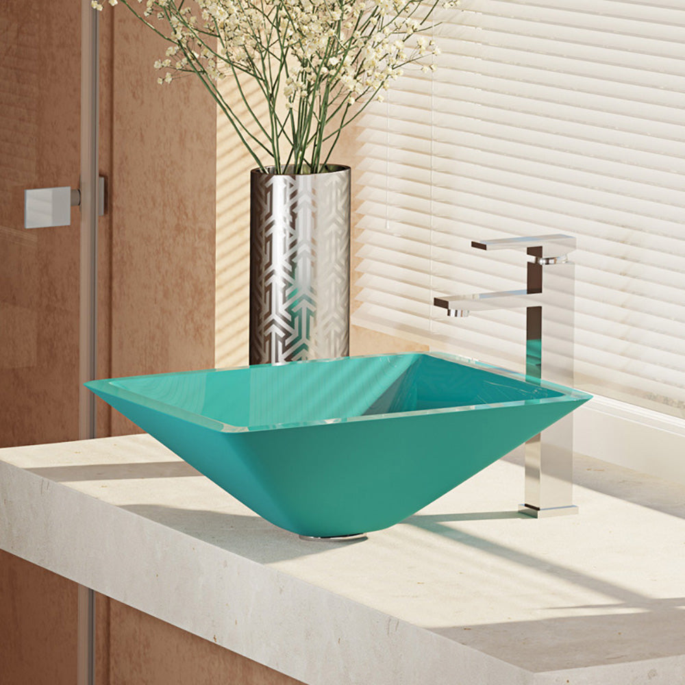 Rene 17" Square Glass Bathroom Sink, Cerulean, with Faucet, R5-5003-CER-R9-7003-C - The Sink Boutique