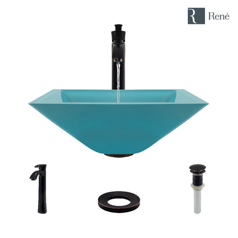 Rene 17" Square Glass Bathroom Sink, Cerulean, with Faucet, R5-5003-CER-R9-7006-ABR