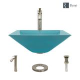 Rene 17" Square Glass Bathroom Sink, Cerulean, with Faucet, R5-5003-CER-R9-7006-BN