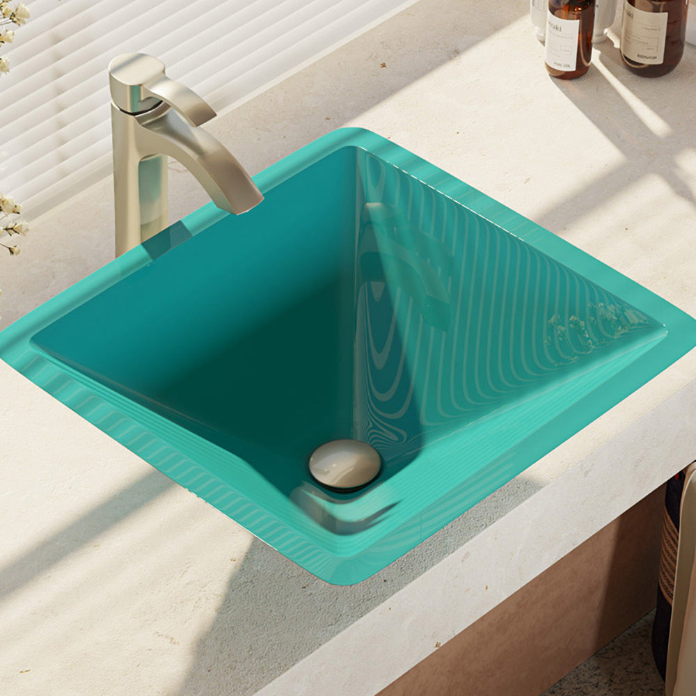 Rene 17" Square Glass Bathroom Sink, Cerulean, with Faucet, R5-5003-CER-R9-7006-BN - The Sink Boutique