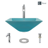 Rene 17" Square Glass Bathroom Sink, Cerulean, with Faucet, R5-5003-CER-R9-7006-C