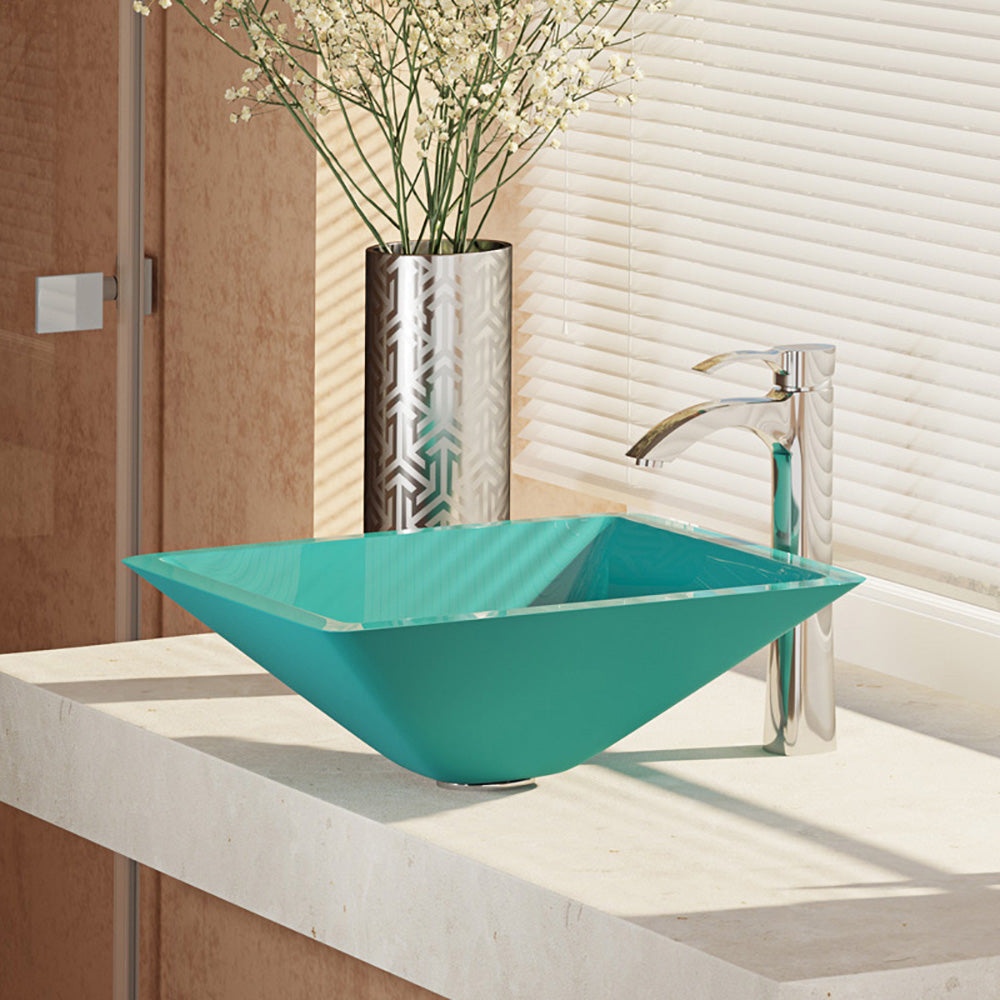 Rene 17" Square Glass Bathroom Sink, Cerulean, with Faucet, R5-5003-CER-R9-7006-C - The Sink Boutique