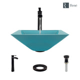 Rene 17" Square Glass Bathroom Sink, Cerulean, with Faucet, R5-5003-CER-R9-7007-ABR