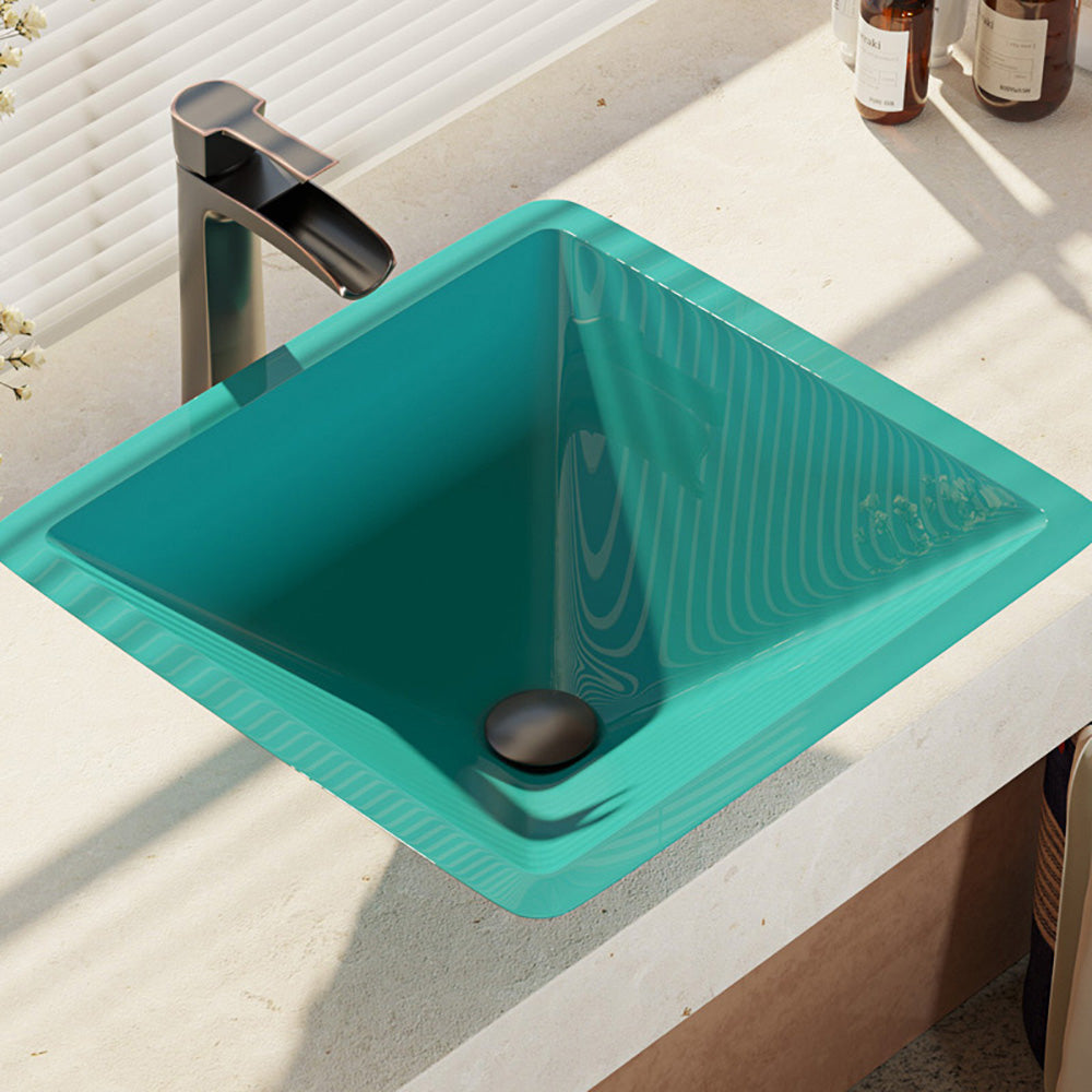 Rene 17" Square Glass Bathroom Sink, Cerulean, with Faucet, R5-5003-CER-R9-7007-ABR - The Sink Boutique