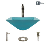 Rene 17" Square Glass Bathroom Sink, Cerulean, with Faucet, R5-5003-CER-R9-7007-BN