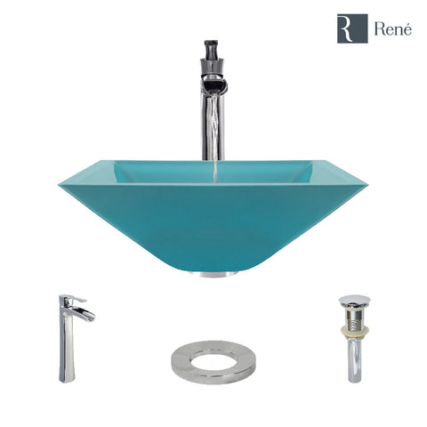 Rene 17" Square Glass Bathroom Sink, Cerulean, with Faucet, R5-5003-CER-R9-7007-C
