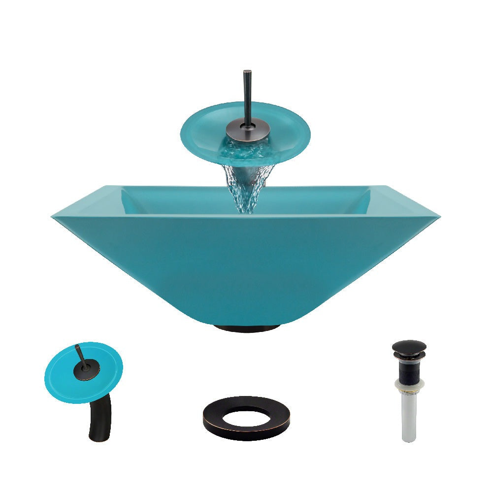 Rene 17" Square Glass Bathroom Sink, Cerulean, with Faucet, R5-5003-CER-WF-ABR