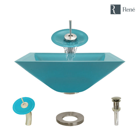 Rene 17" Square Glass Bathroom Sink, Cerulean, with Faucet, R5-5003-CER-WF-BN
