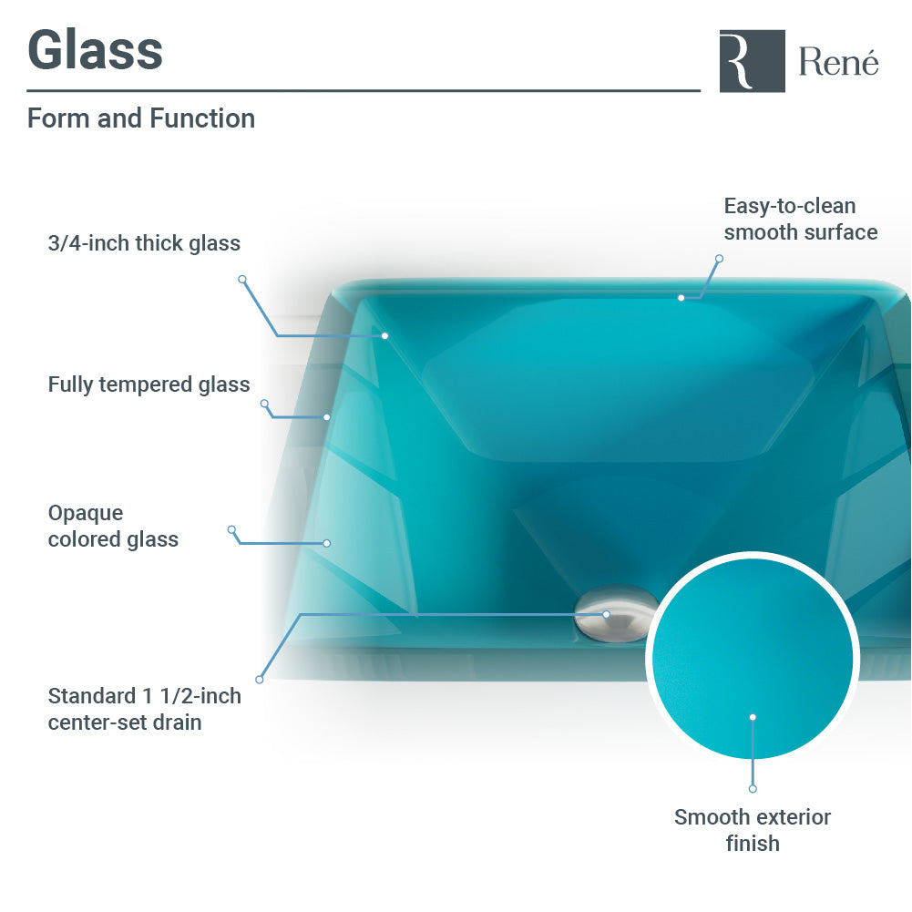 Rene 17" Square Glass Bathroom Sink, Cerulean, with Faucet, R5-5003-CER-WF-BN - The Sink Boutique
