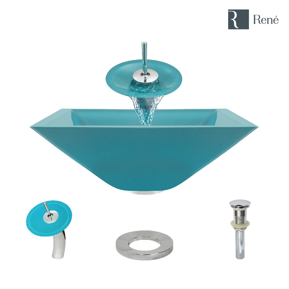 Rene 17" Square Glass Bathroom Sink, Cerulean, with Faucet, R5-5003-CER-WF-C