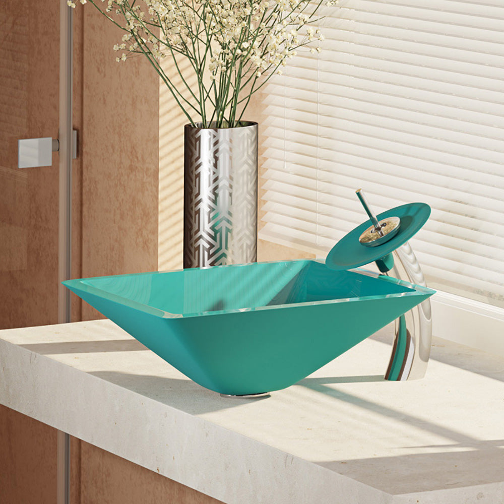 Rene 17" Square Glass Bathroom Sink, Cerulean, with Faucet, R5-5003-CER-WF-C - The Sink Boutique