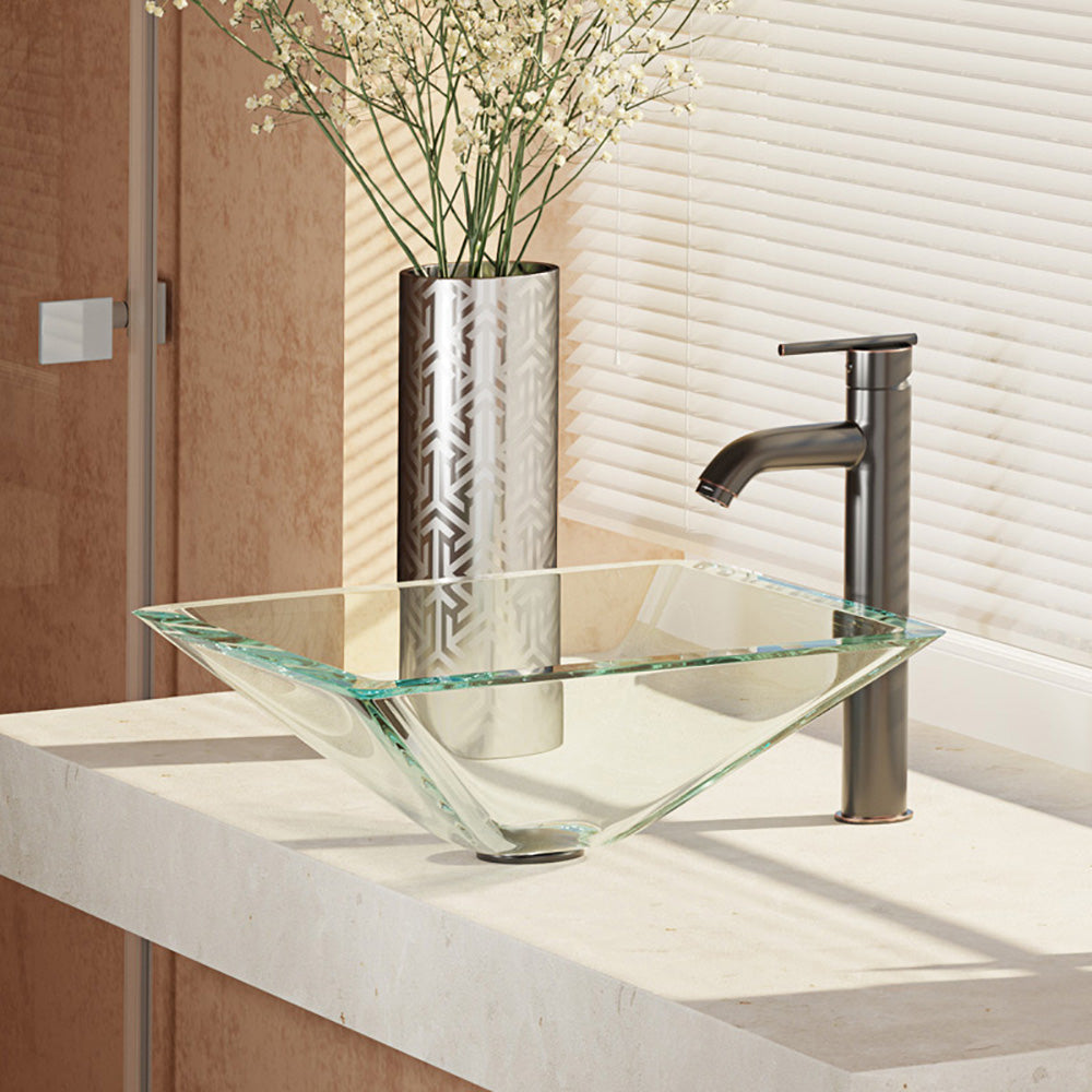 Alternate Image for Rene 17" Square Glass Bathroom Sink, Crystal, with Faucet, R5-5003-CRY-R9-7001-ABR