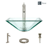 Rene 17" Square Glass Bathroom Sink, Crystal, with Faucet, R5-5003-CRY-R9-7001-BN