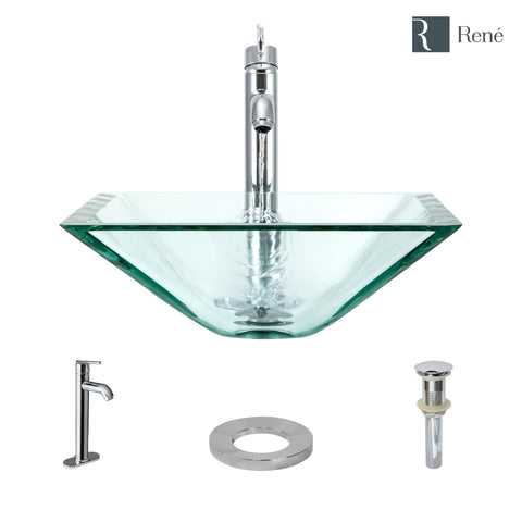 Rene 17" Square Glass Bathroom Sink, Crystal, with Faucet, R5-5003-CRY-R9-7001-C