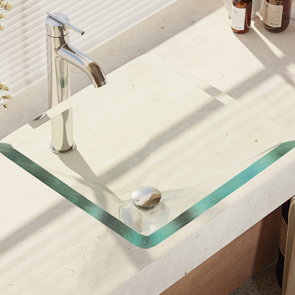 Rene 17" Square Glass Bathroom Sink, Crystal, with Faucet, R5-5003-CRY-R9-7001-C - The Sink Boutique