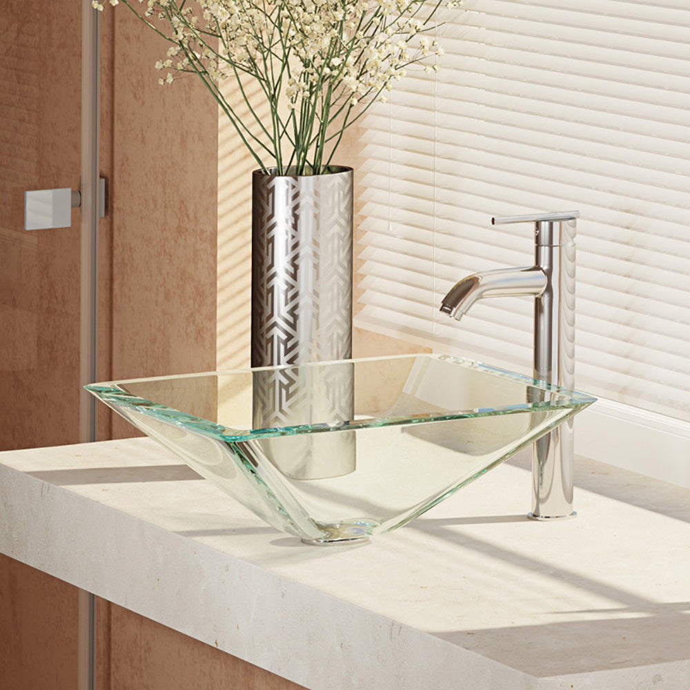 Rene 17" Square Glass Bathroom Sink, Crystal, with Faucet, R5-5003-CRY-R9-7001-C - The Sink Boutique