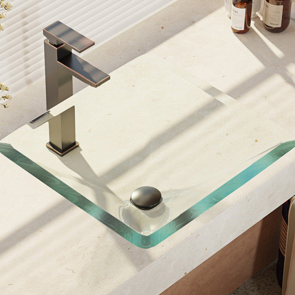 Rene 17" Square Glass Bathroom Sink, Crystal, with Faucet, R5-5003-CRY-R9-7003-ABR - The Sink Boutique