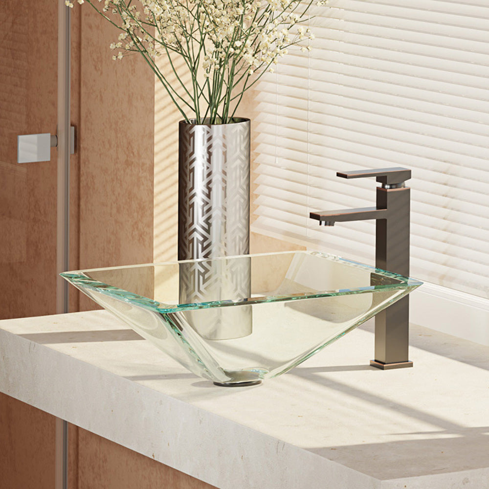 Rene 17" Square Glass Bathroom Sink, Crystal, with Faucet, R5-5003-CRY-R9-7003-ABR - The Sink Boutique